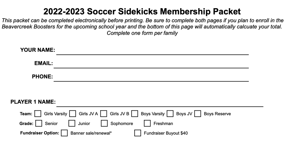 Sidekicks Membership and Athletic Booster forms
